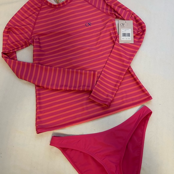 🆕 OP Ocean Pacific Women's 2 Piece Rash Guard & Bottom Swimsuit Striped SZ MED - Picture 2 of 8